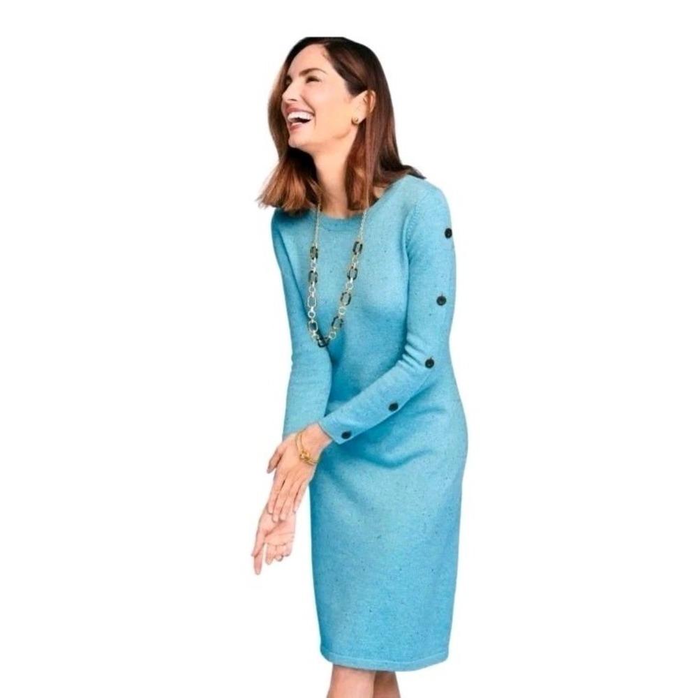 NWT Talbots Tweed Button Sleeve Sweater Dress Blue PL Shift 3/4 Sleeve $119